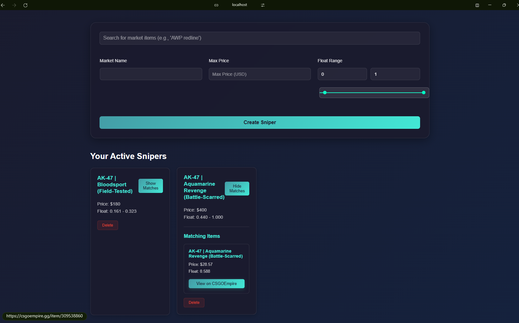 Auction Wizard dashboard match result